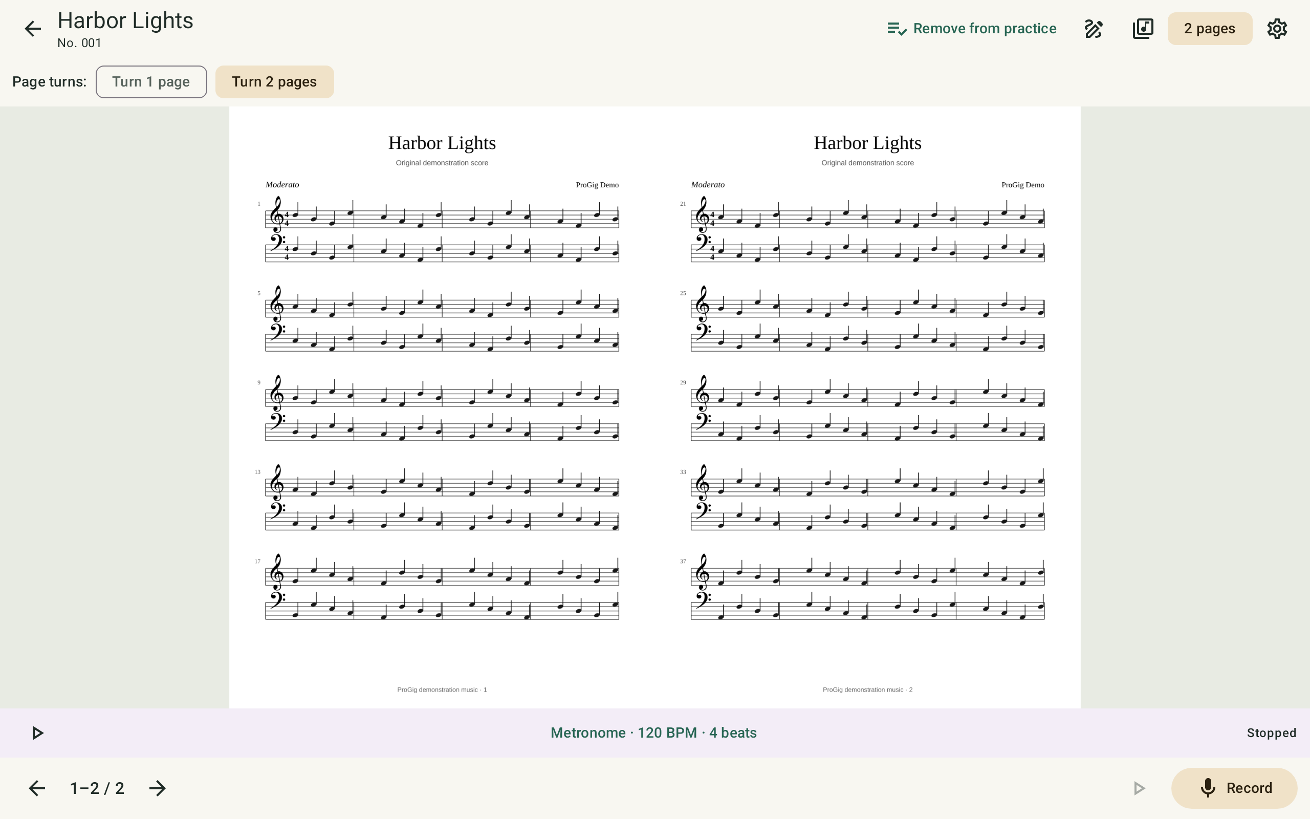 ProGig displaying two pages of an original demonstration score side by side, with page-turn controls and a metronome.